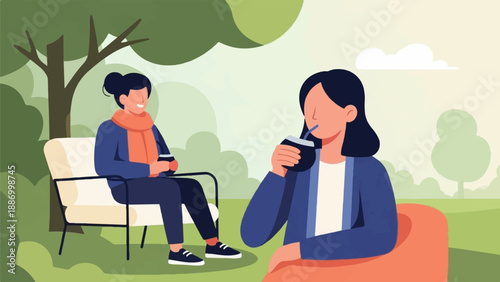 Two women relaxing outdoors, enjoying drinks in a park setting on a sunny day