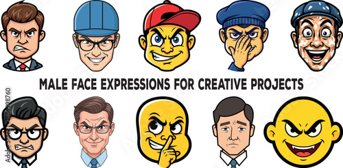 Male Cartoon Face Expression Set, Funny Angry Confused Smiling Characters Collection, Human Emotions Avatar Pack for Stickers, Mascot Logo, Comics, UI Design and Illustration