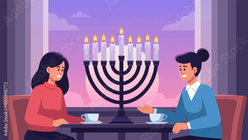 Two women share a festive evening with a menorah, tea, and a sunset view
