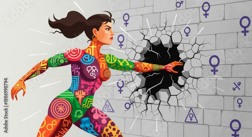 Woman breaking through wall with female symbols empowerment concept