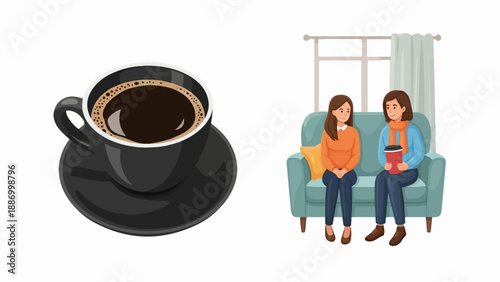 Two women share a moment while enjoying coffee indoors