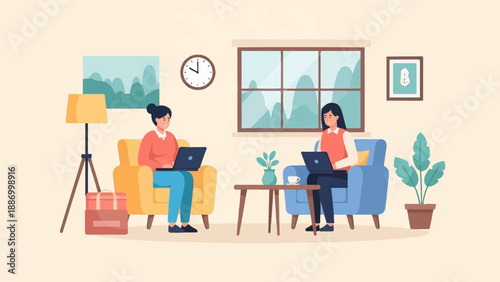 Two women working on laptops in a cozy living room
