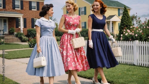 Vintage video scene of three beautiful young women in vintage 1950s dresses walking in a suburb.