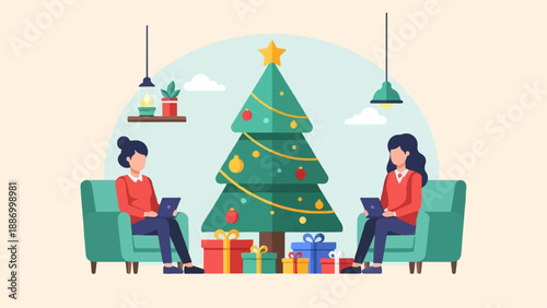 Two women sit in chairs on either side of a Christmas tree, using laptops