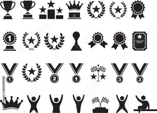 Comprehensive Achievement Icon Set: Solid Competition Trophies, Ranked Winners' Medals, and High-Contrast Recognition Symbols