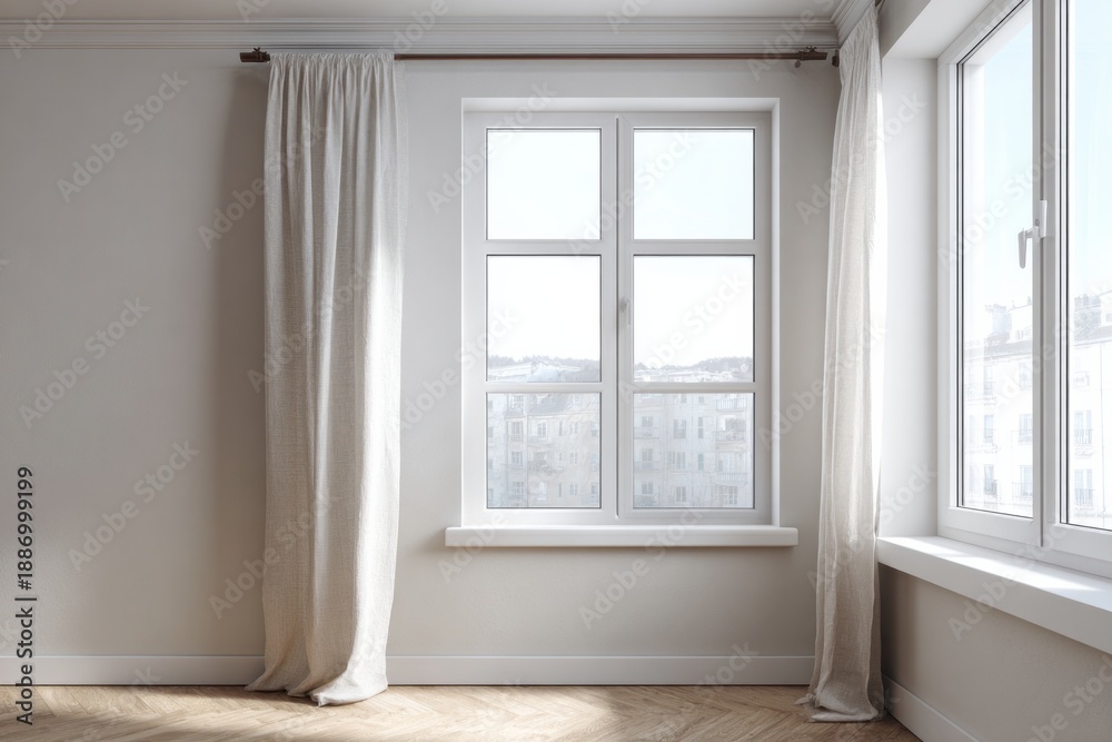 Fototapeta premium Interior view of a room with two windows and light curtains.
