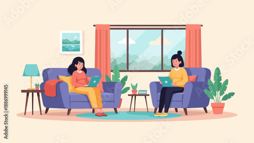Two women sit on sofas, each using a laptop in a cozy room with a window view