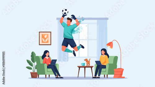 Two women sit on sofas working on laptops as a goalkeeper leaps