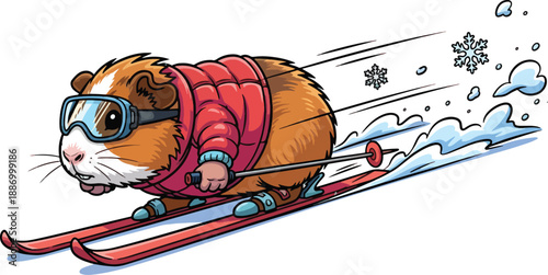 Cute Guinea Pig Skiing Cartoon Vector Illustration Wearing Goggles and Winter Jacket – Funny Animal Snow Sport Character Design