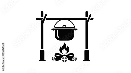 Vector illustration of a traditional camp cooking pot over a blazing fire, on transparent background