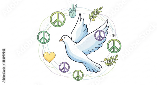 Peaceful dove flying with peace signs and heart symbols
