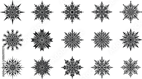 Snowflake silhouette set with 15 unique winter crystal designs and fractal ice ornaments for Christmas holiday decor and seasonal branding vector