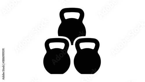 Vector illustration of three heavy kettlebells for strength training and gym workouts on transparent background. Fitness equipment graphic
