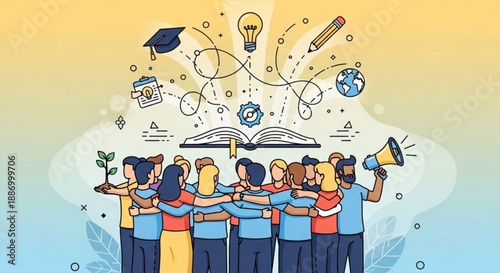 Diverse group of people standing united with education and learning symbols