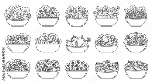 A collection of line art depicting various salad bowls with different ingredients