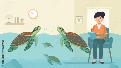 Woman sitting in a chair holding a tablet, with turtles swimming in a tank