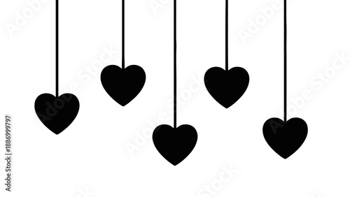Vector illustration of five charming hanging black heart shapes, perfect for romantic designs on transparent background