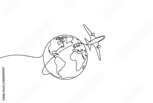 Simple line drawing of a globe with an airplane flying around it