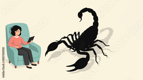 Woman in armchair with tablet stares at large silhouette scorpion