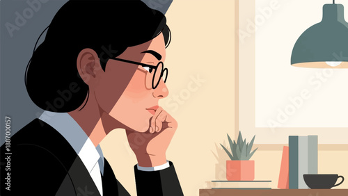 Woman in glasses contemplating at desk with plant and books