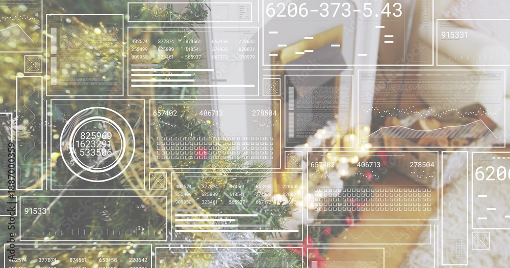 Naklejka premium Displaying decorated evergreen tree glowing with warm string lights in living room, HUD overlay