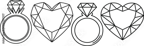 Modern Vector Outline Graphics of Brilliant Diamond Rings and Geometric Heart Shapes, Ideal for Valentine's Day, Proposals, and Engagement Concepts