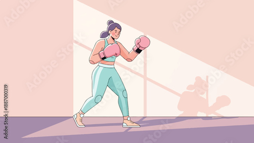 Woman in mint green workout gear and pink gloves practicing boxing
