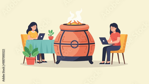 Two women working on laptops around a central tandoor oven