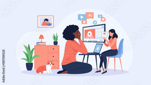 Two women working on laptops and a computer in a room with a dog