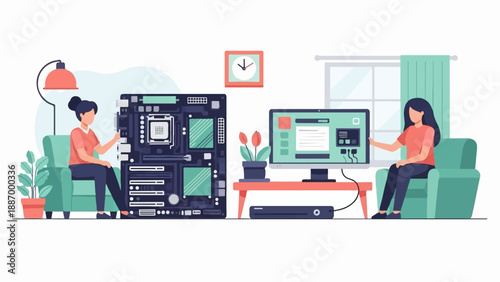 Two women working on computer hardware and a desktop computer