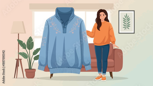 Woman in orange sweater admiring a blue patterned sweater in a cozy room