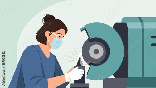Woman in protective gear sharpens a tool with a grinding machine