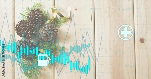 Fototapeta Showing 3 pinecones on wood plank with sprigs, gold ribbon, cyan overlays, fuel-pump, medical-cross