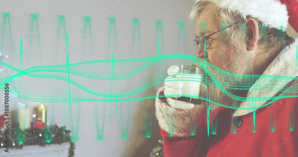 Fototapeta premium Raising glass mug, senior Santa red coat sipping milk at mantel with teal waveform, copy space