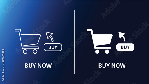 Shopping cart icons with buy now buttons and cursor arrows on gradient blue background e commerce vector graphics