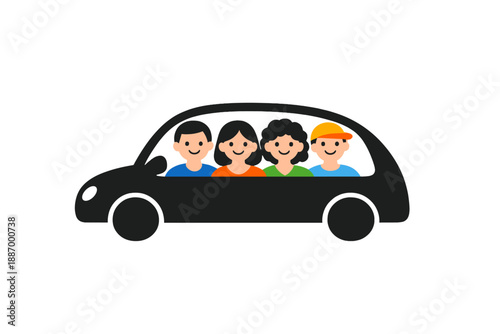 Group of four friends riding together in a car during a sunny day at a local park, sharing laughs and enjoying each other's company as they head to their destination