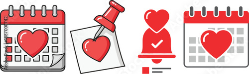 Vibrant collection of love-themed vector icons featuring calendars, pinned notes, and notification bells, ideal for romantic event planning and date reminders