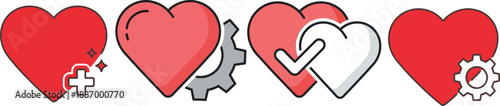 Dynamic vector heart icon set showcasing essential user interface elements for adding, configuring, and confirming preferences; versatile graphic assets for web and app design