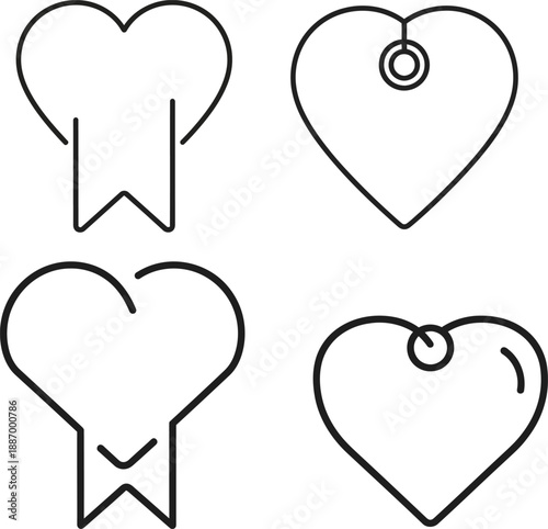 Clean and minimalistic outline heart icon collection for modern user interface and graphic design, symbolizing likes, favorites, save, and tagging functionalities