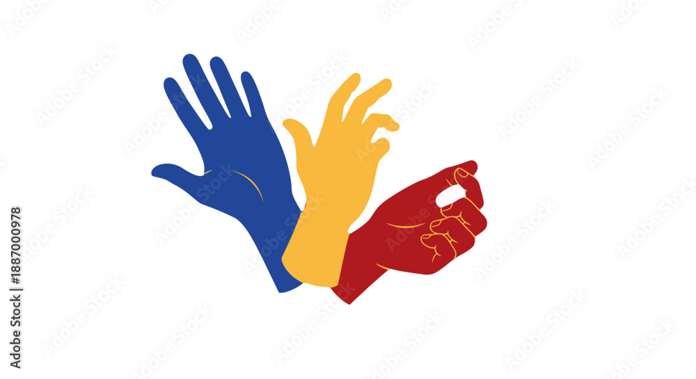 Obraz premium Three hands reaching out in different colors.