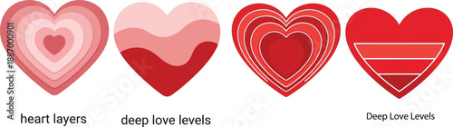 Dynamic vector illustration set featuring four distinctive layered heart designs in shades of red and pink, symbolizing deep emotional connections, enduring passion, and varying levels of affection