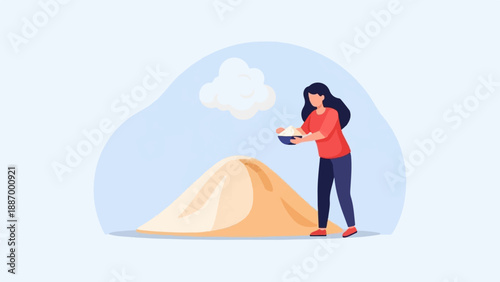 Woman adding to large pile of sand, with a cloud in the sky