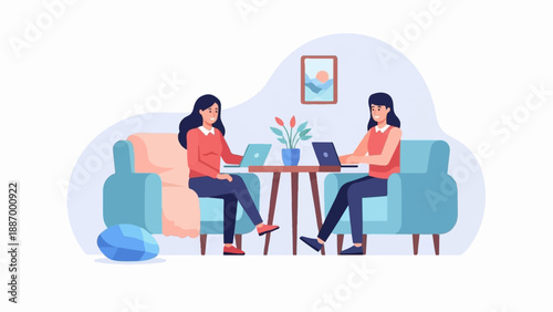 Two women work on laptops while sitting on a couch in a room