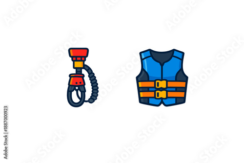 Safety equipment for water activities with a buoyancy aid and a pull cord presented together for outdoor sports purposes during a bright sunny day