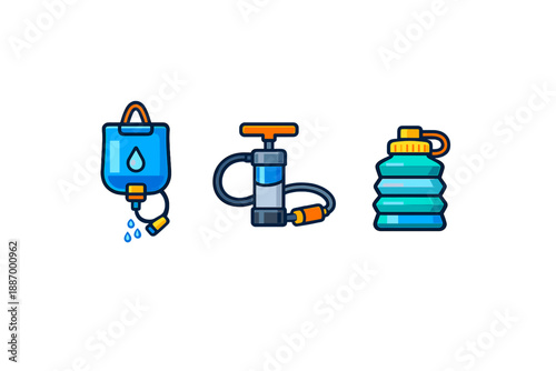Different types of water containers and pumps used for various purposes in outdoor activities and recreational settings