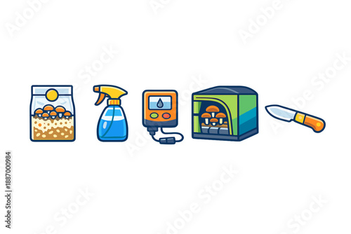 Different tools and items used for growing mushrooms indoors in a container setup