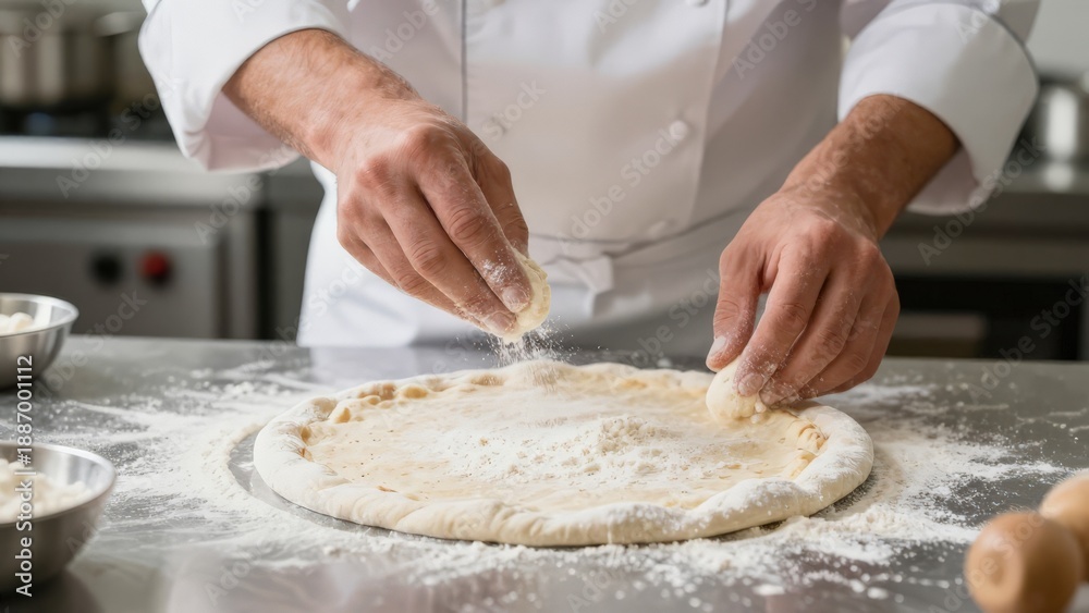 Fototapeta premium Dough Handling Process, Crafting Pizza Crust Through Traditional Manual Kneading Techniques, Using Hands To Stretch And Knead Dough On Flourcoated Surface In Preparation For Baking