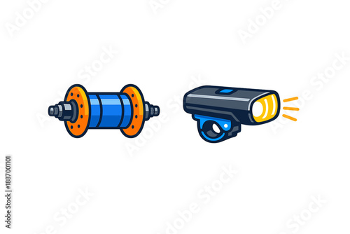 A bicycle hub and a front light sit side by side on a white background representing essential bike components for riders enjoying outdoor adventures