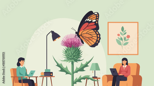 Two women working on laptops near a thistle with a butterfly