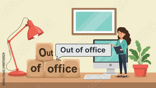 Woman leaves office, message "Out of office" displayed on blocks and screen